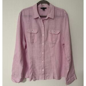 Saks Fifth Avenue Women's 100%Linen Pink  Roll Tab Sleeve Button Up Top Size XL